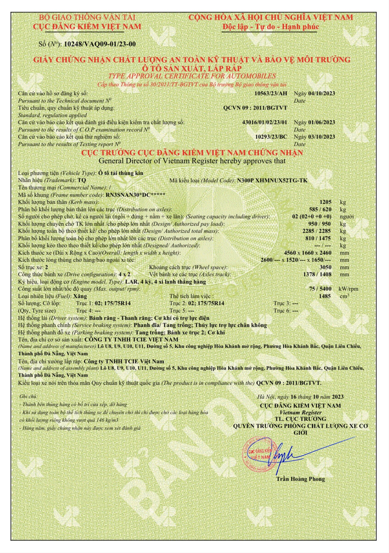 THÔNG SỐ THÙNG KÍN
