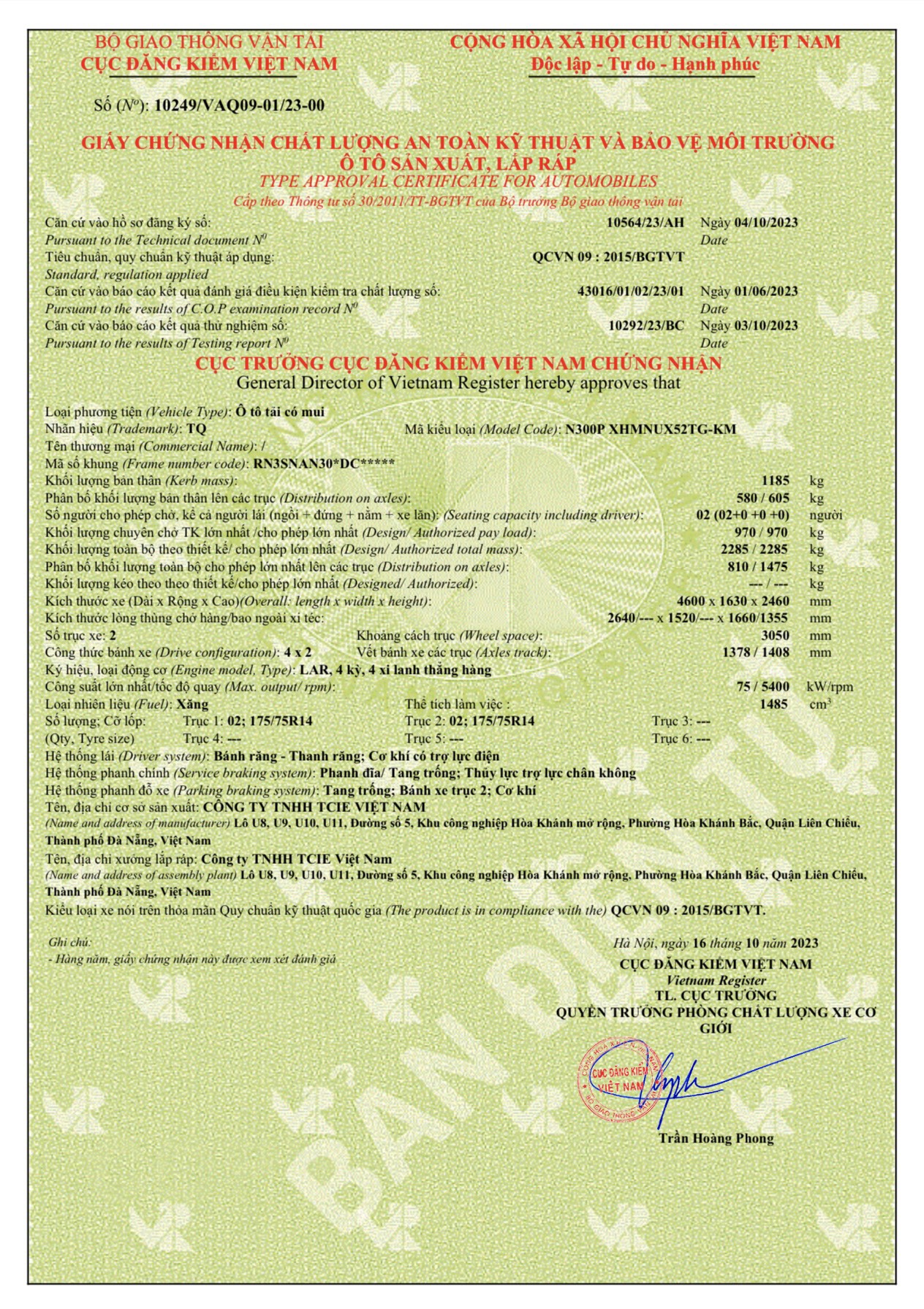 THÔNG SỐ THÙNG MUI BẠT