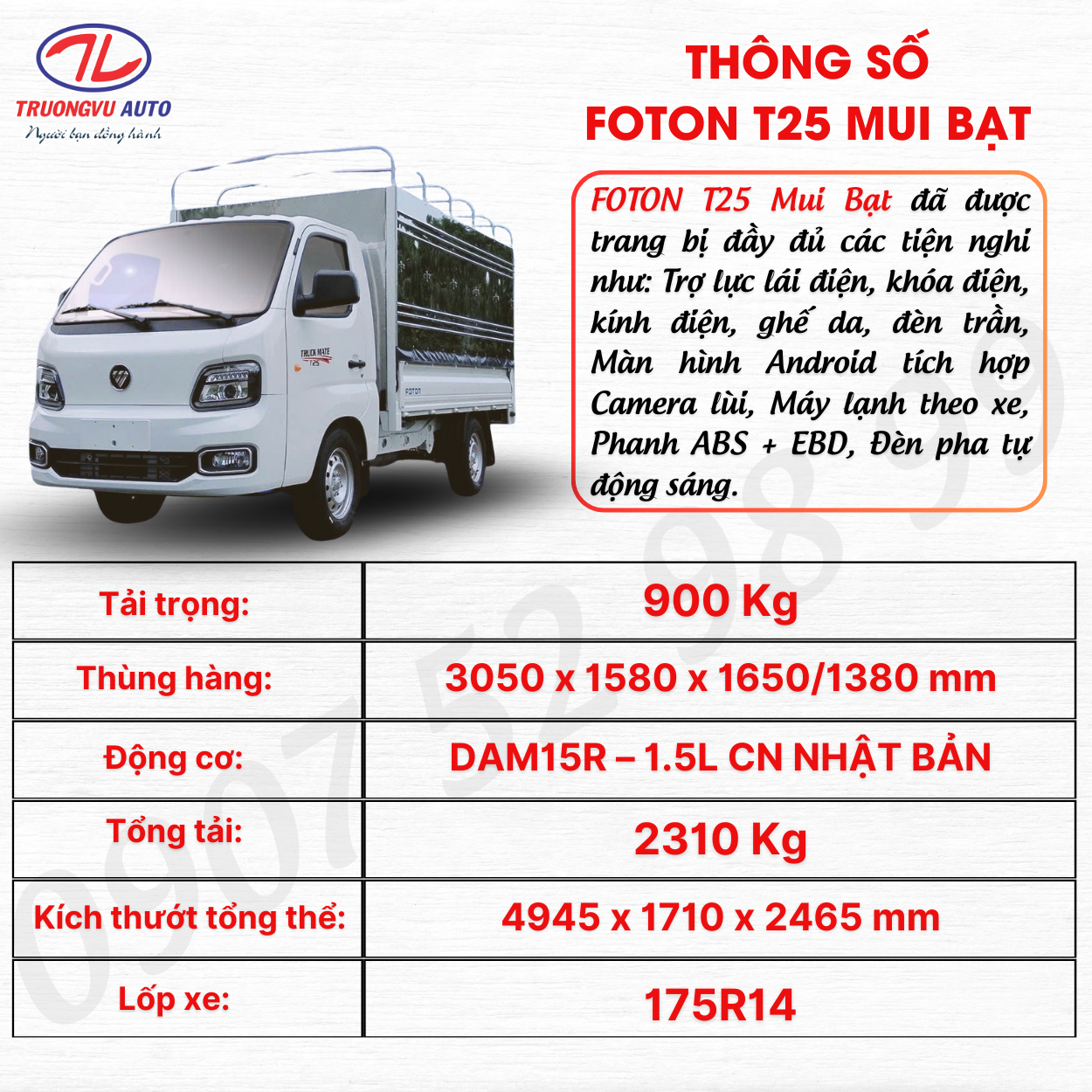 THÔNG SỐ FOTON T25