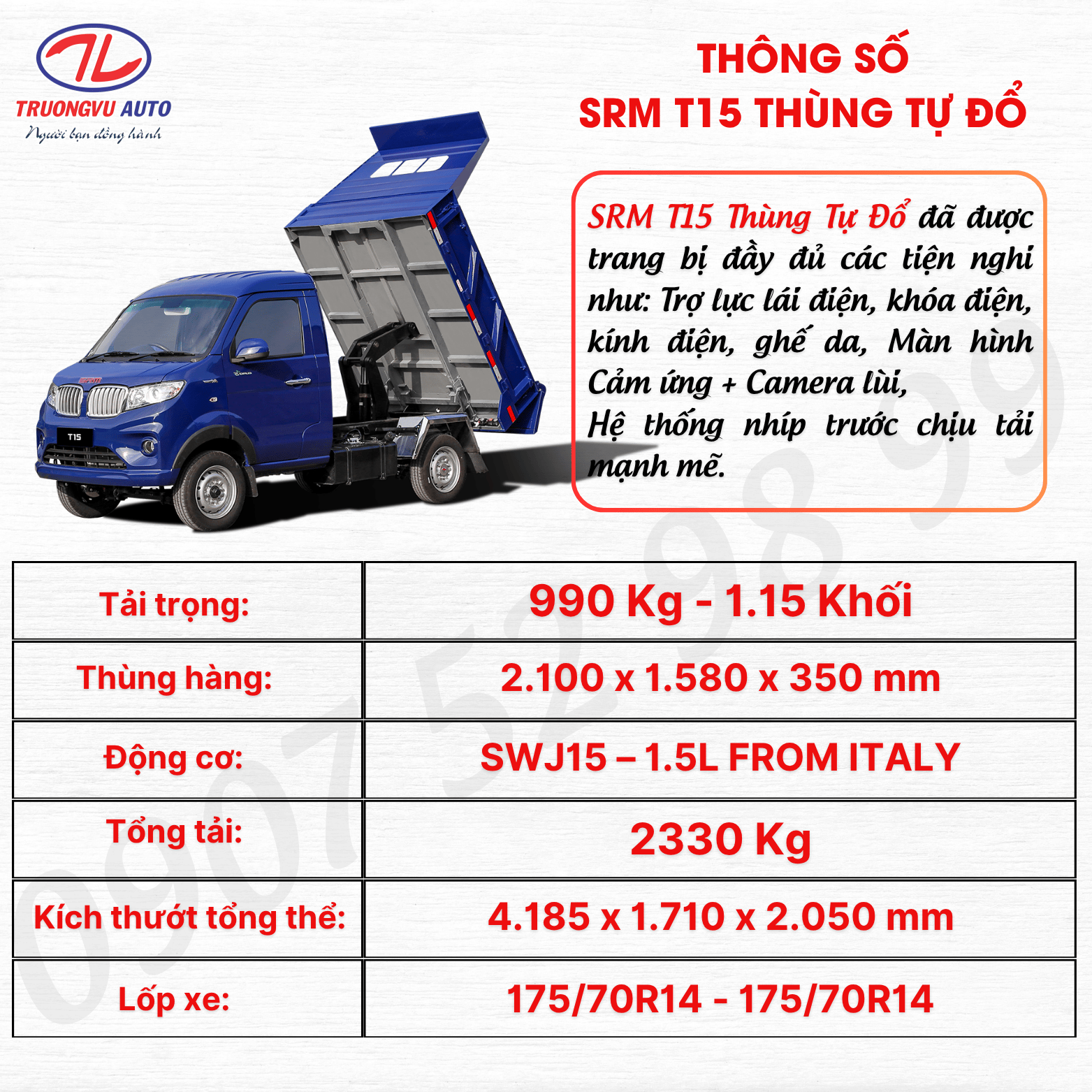 THÔNG SỐ SRM T15 THÙNG BEN