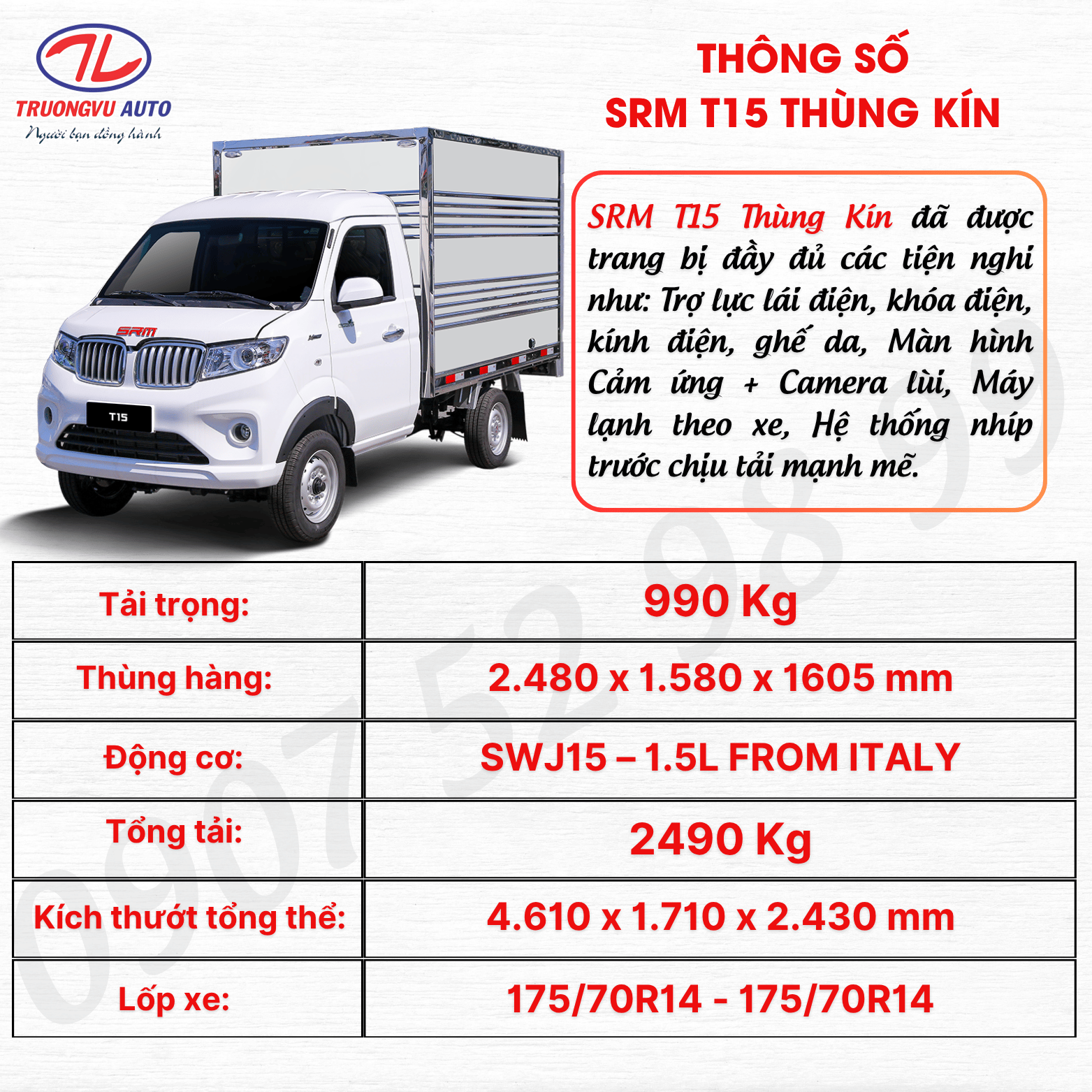 THÔNG SỐ SRM T15 THÙNG KÍN