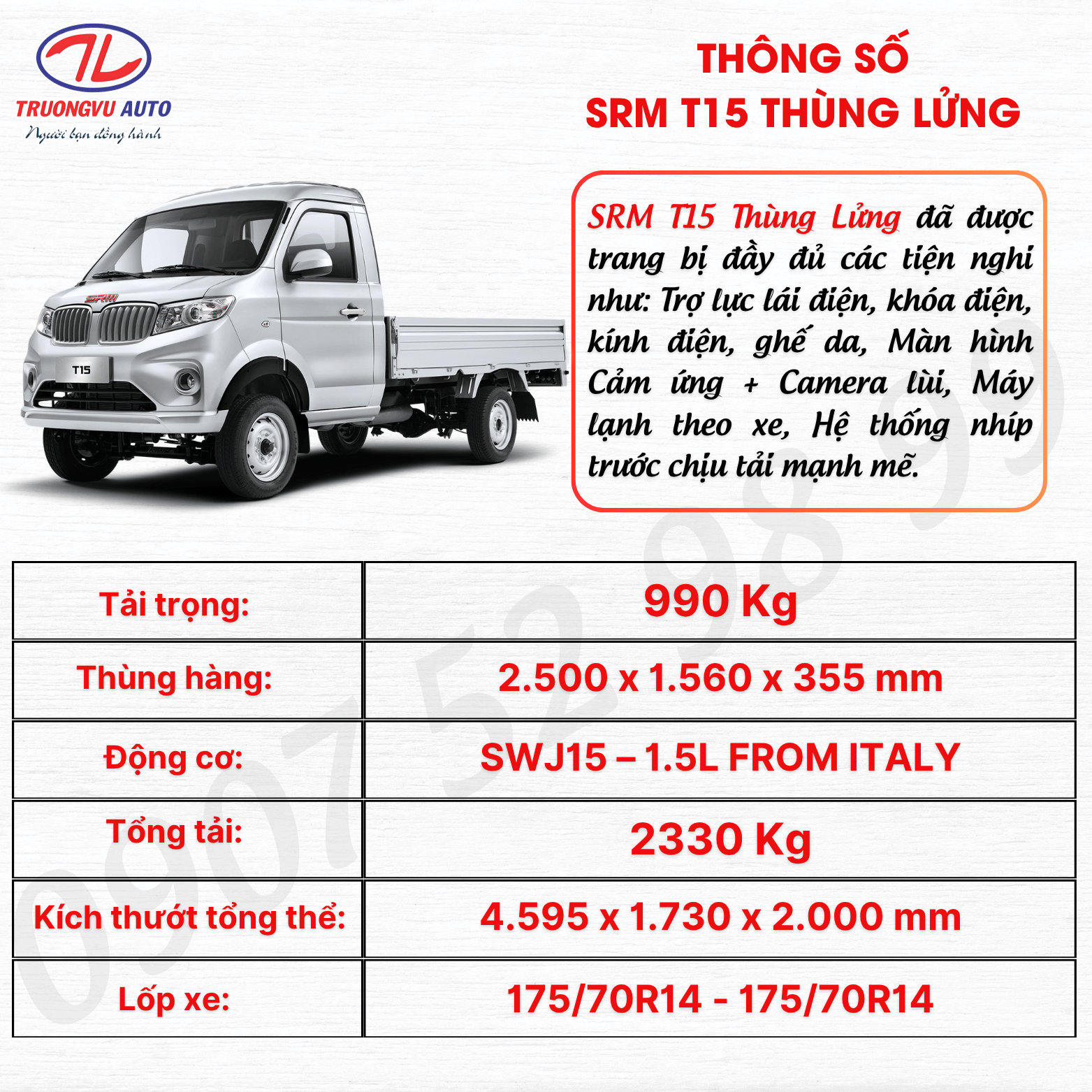 THÔNG SỐ SRM T15 THÙNG LỬNG