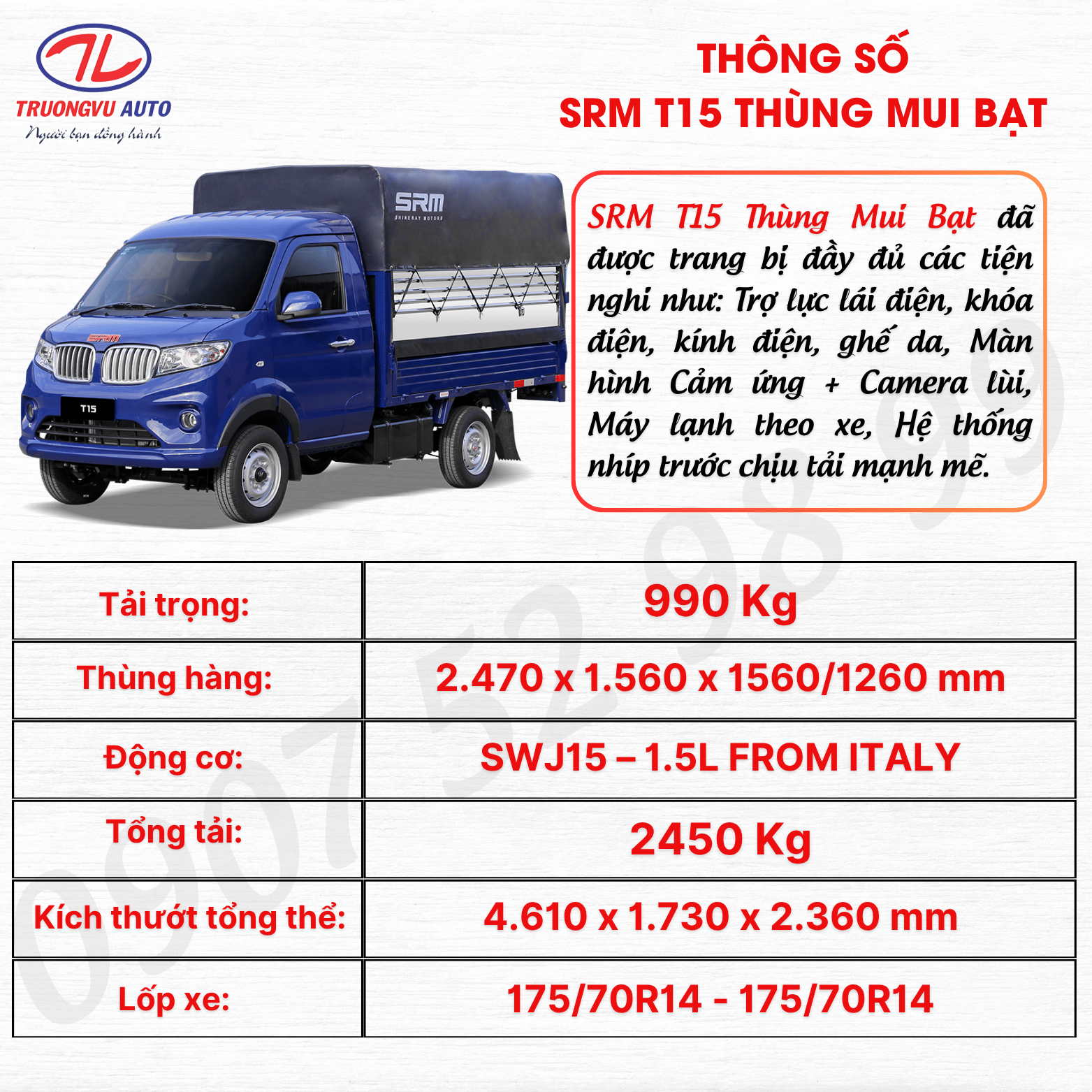 THÔNG SỐ SRM T15 THÙNG MUI BẠT